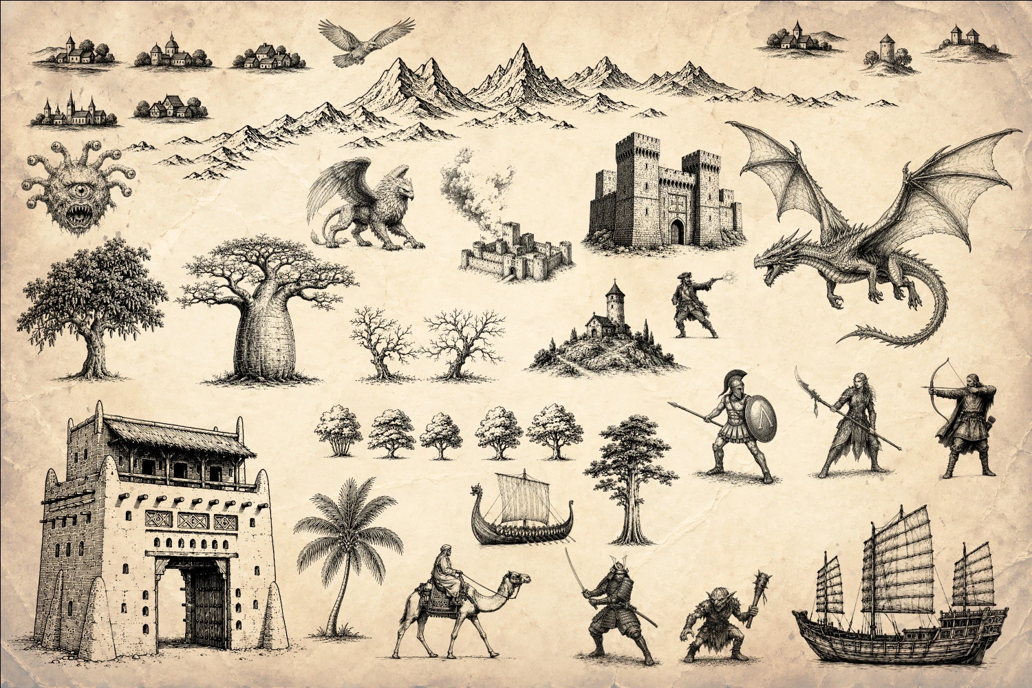 High resolution fantasy map asset sheet with mountains, buildings, creatures, and ships
